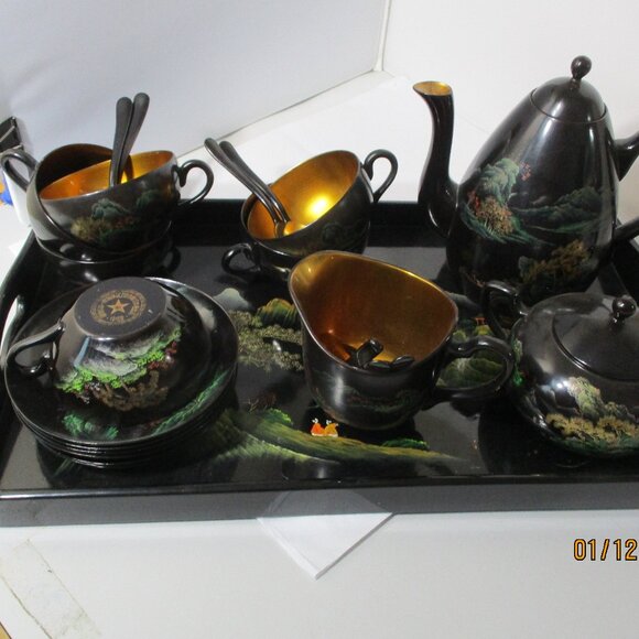 23 Piece Vintage Asian Chinese Black Lacquerware Tea Set Tray Cups Pot Oriental - Picture 1 of 16